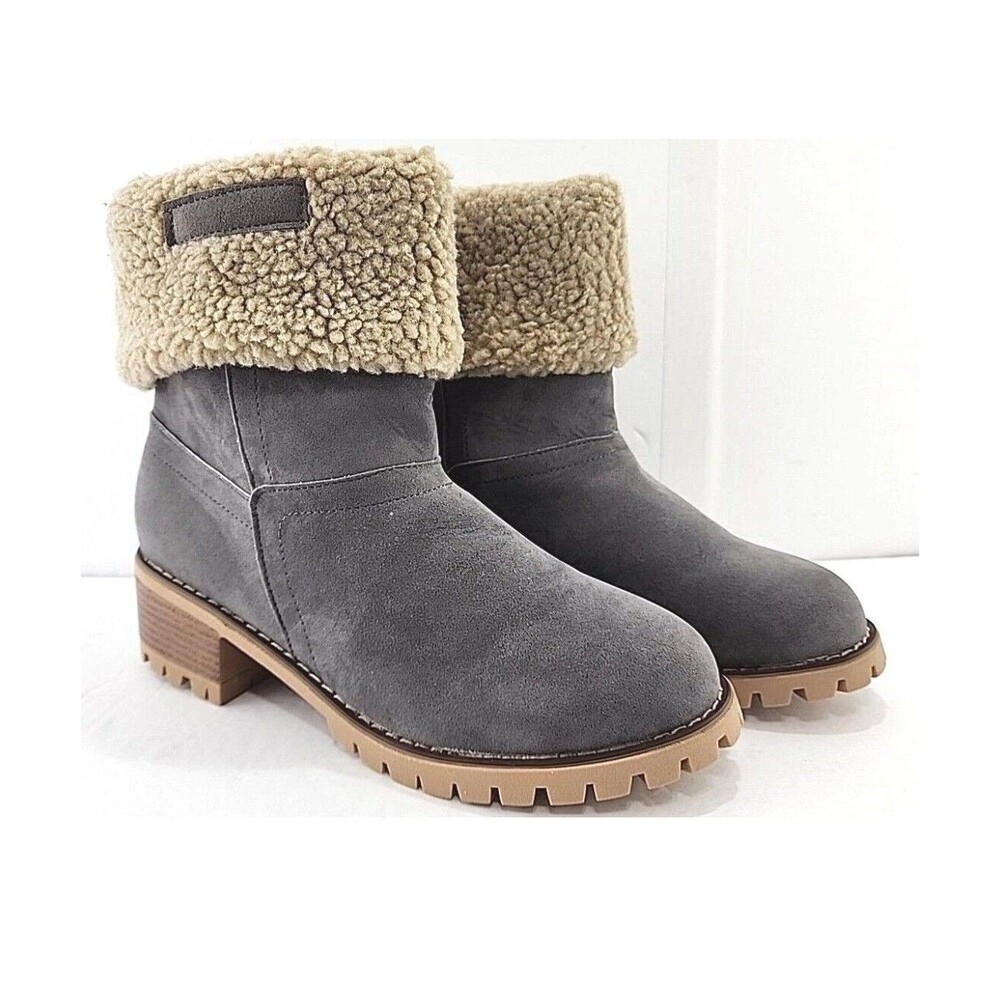 Womens Block Heel Gray Suede Ankle Boots with Sherpa Fleece Lining sz39 (US 7)